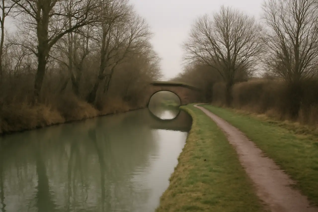 Quiet canal with a grassy towpath and an old brick bridge